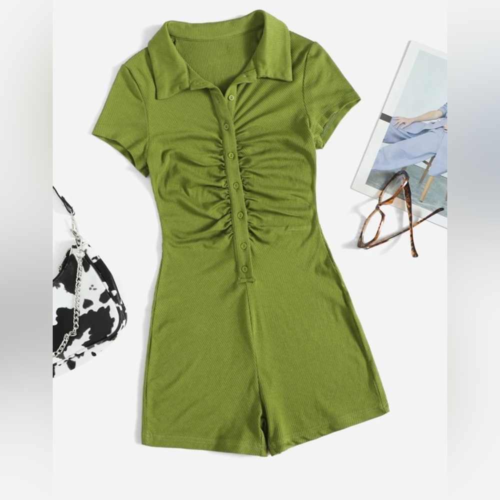 SHEIN Button Placket Ruched Front Rib-knit Solid Romper